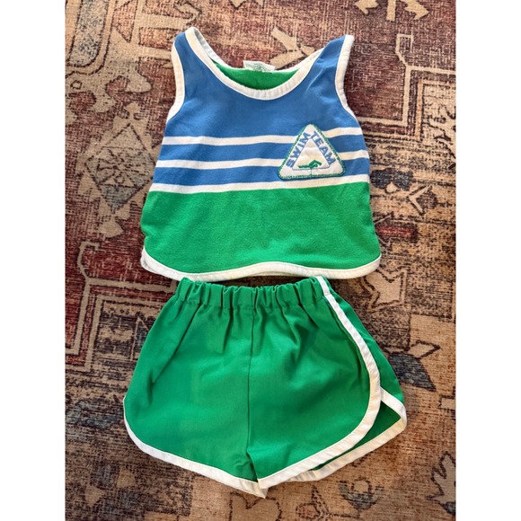 Vintage Health-tex Kids Swim Team Tank and Shorts Set Green Blue 12 Months USA - Picture 1 of 6